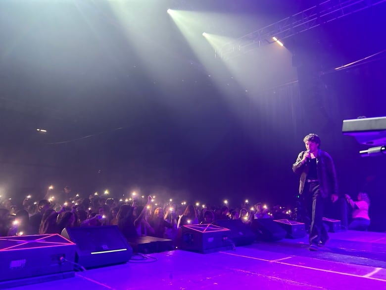 A white man with curly brown hair singing on stage.