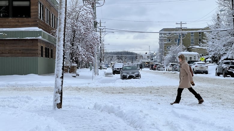 A snowy city street.