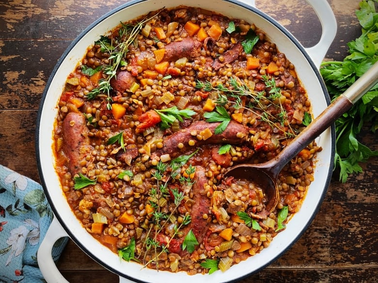 A pot full of a hearty-looking stew.