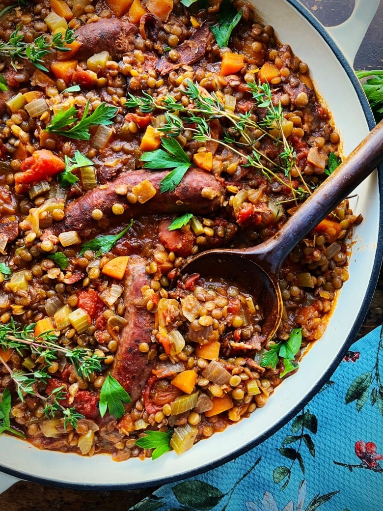 A pot full of hearty stew.