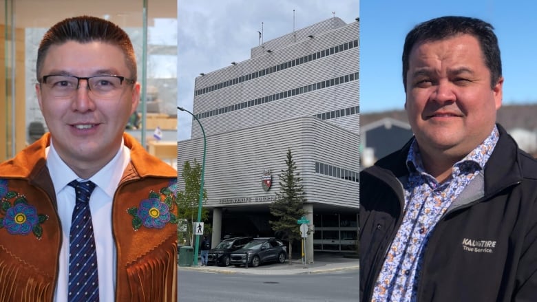 Portraits of two men juxtaposed with a courthouse.