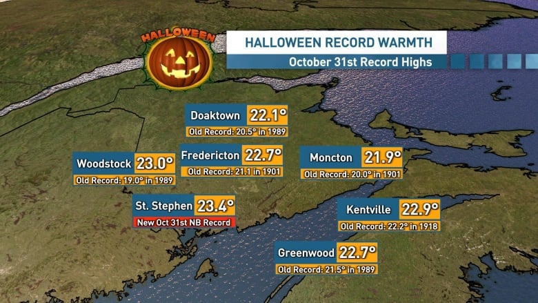 A map of New Brunswick with temperature records written overtop.