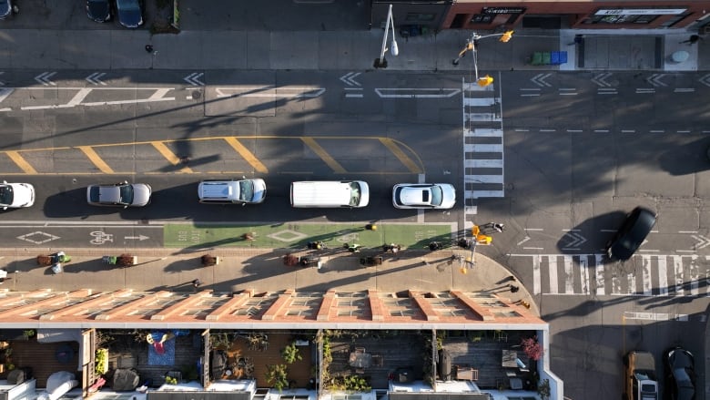 An overhead view of Bloor Street West in Toronto at dusk shows 