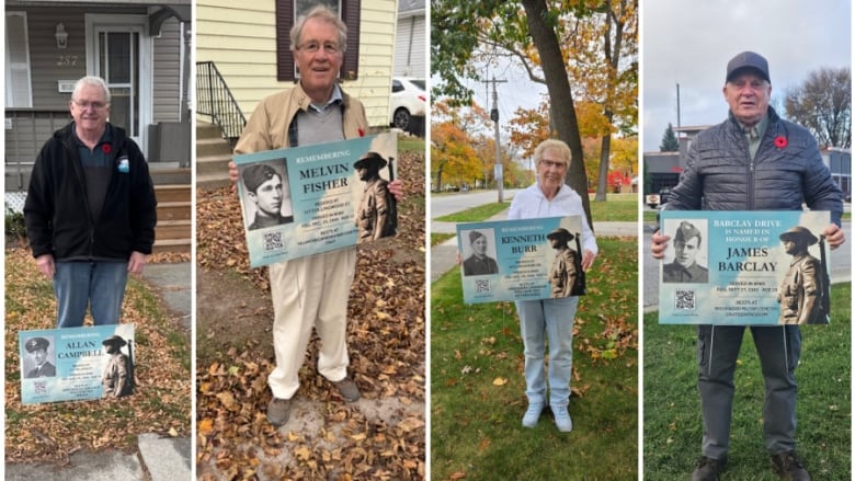 Dave Burwell, left, has a sign of his uncle in front of him. Randy Evans, second to left, holds a sign of a longtime family friend. Ruth Ann Handy (nee Burr) holds a sign of her brother from WW II, and Morven Barclay holds a sign of his uncle Jim who died in WW II. All four volunteered to put out the signs.