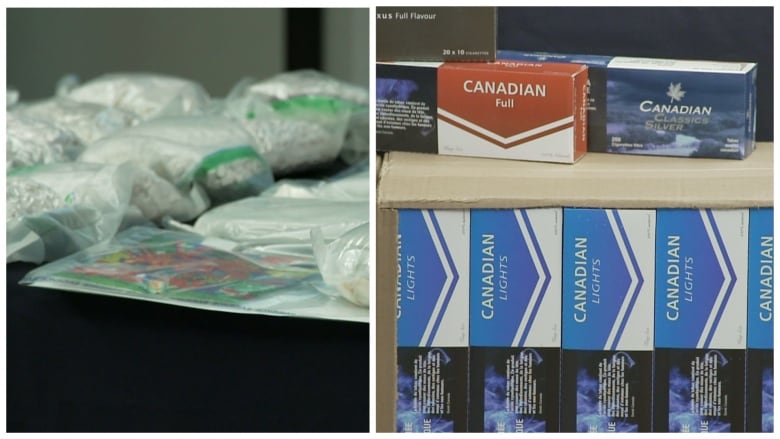 A composition of two photos. On the left, drugs are shown in plastic bags on a table. On the right are several packages of contraband cigarettes.