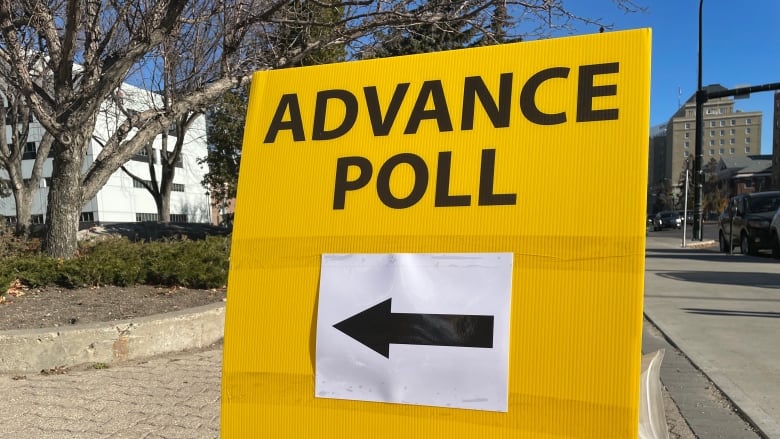 A yellow sign indicates that an advance poll for the Regina civic election is nearby