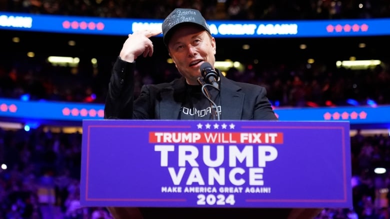 Elon Musk speaks before a crowd at New York's Madison Square Garden, as part of a campaign rally for former U.S. president Donald Trump.