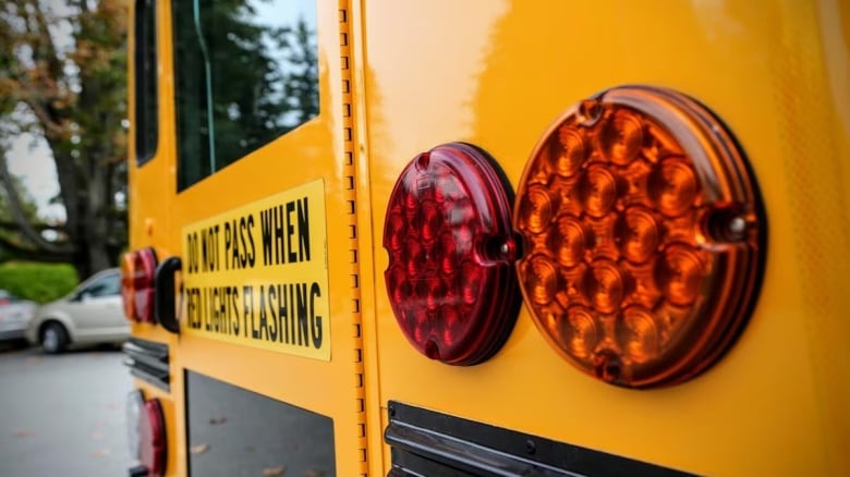 A tight shot of the back door and emergency lights of a school bus.