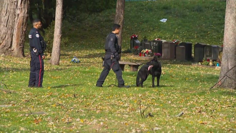 Two police officers with a dog walk through a cemetary. 