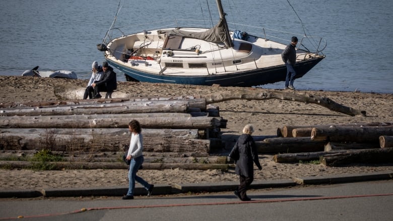 A sailboat is pictured at a sandy beach with people milling around and logs.