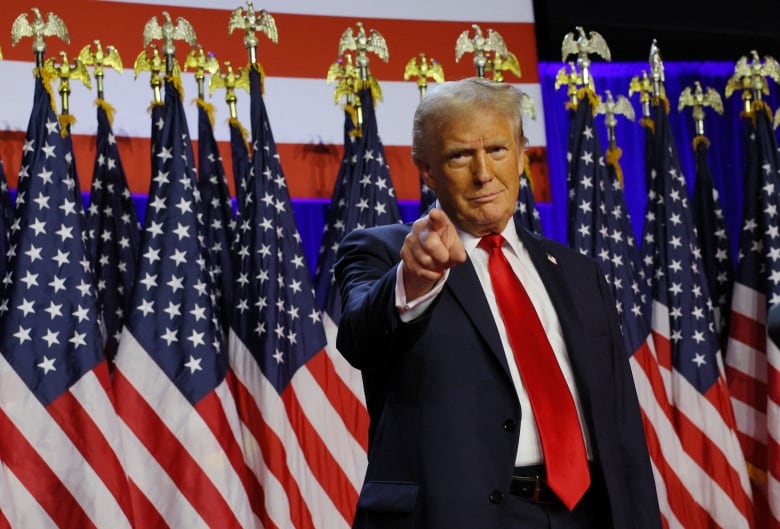 Donald Trump stands in front of a line of American flags, pointing to the crowd of supporters who aren't pictured.