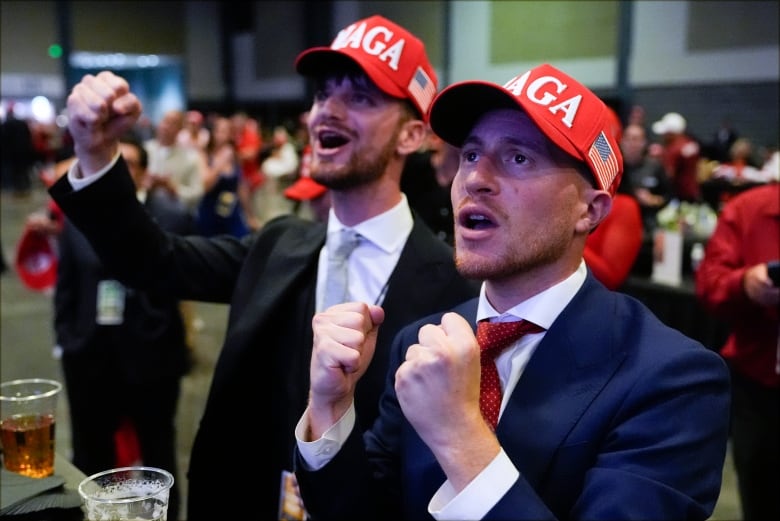 Two men in red baseball caps with 