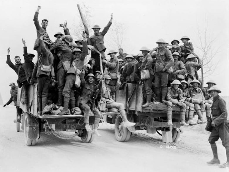 Jubilant Canadian soldiers return to their billets after the Battle of Vimy Ridge, May 1917