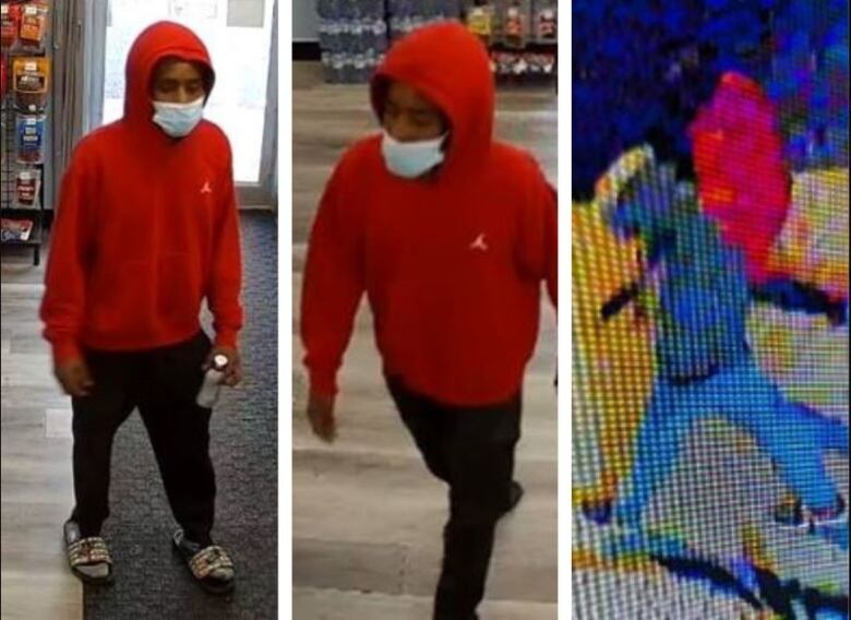 A three-part image shows a man wearing a red hoodie in two images and a distorted image of a man with a red backpack.