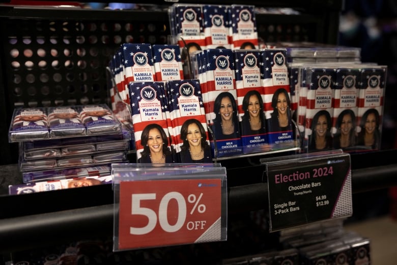 Chocolate bars of Harris and Trump with a 50% off sign