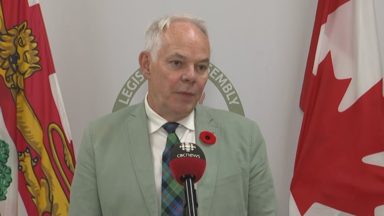 Green Party MLA Peter Bevan-Baker answers questions in the media room of the P.E.I. Legislature on Thursday, Nov. 7, 2024.