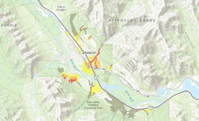 A topographical map with red and yellow highlighted areas.