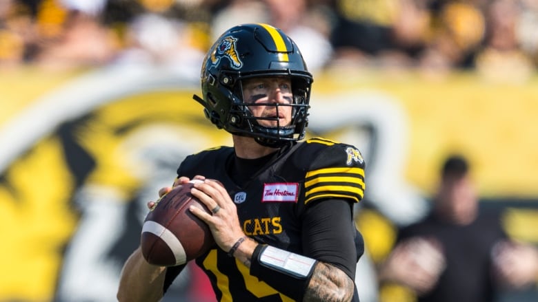 Hamilton Tiger-Cats quarterback Bo Levi-Mitchell sets to throw the ball against the Ottawa Redblacks during CFL football action in Hamilton on Saturday, September 14, 2024. 