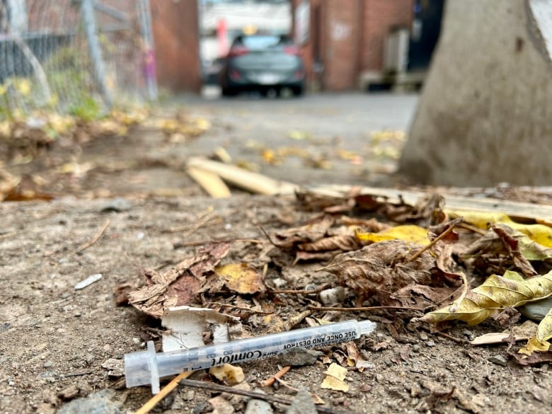 A needle cover lays next to a pile of leaves on the ground with a car in the background.