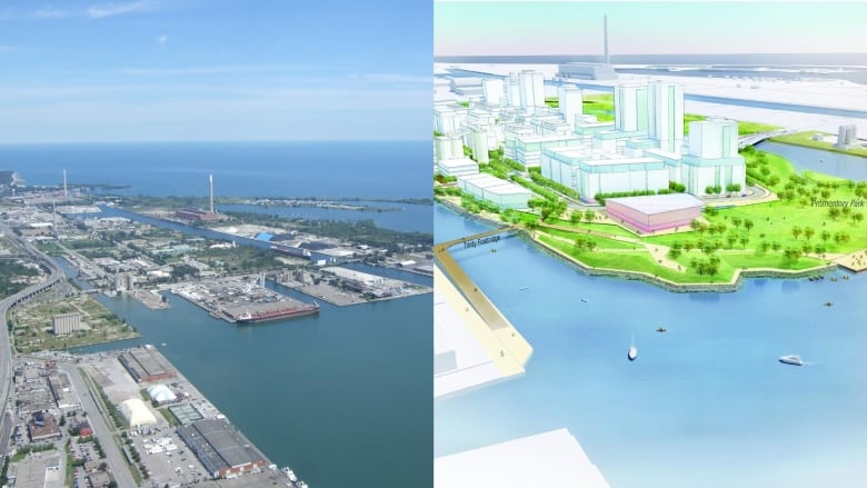 Split screen showing what Port Island looked like pre-construction on the left side, and what the new island would look like on the right