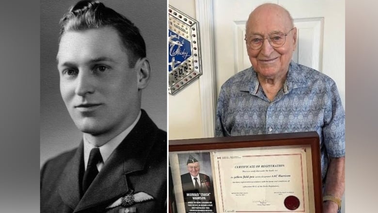 A black and white image of a young Canadian pilot in air force uniform, next to a colour photo of the man, now 102, holding a certificate.