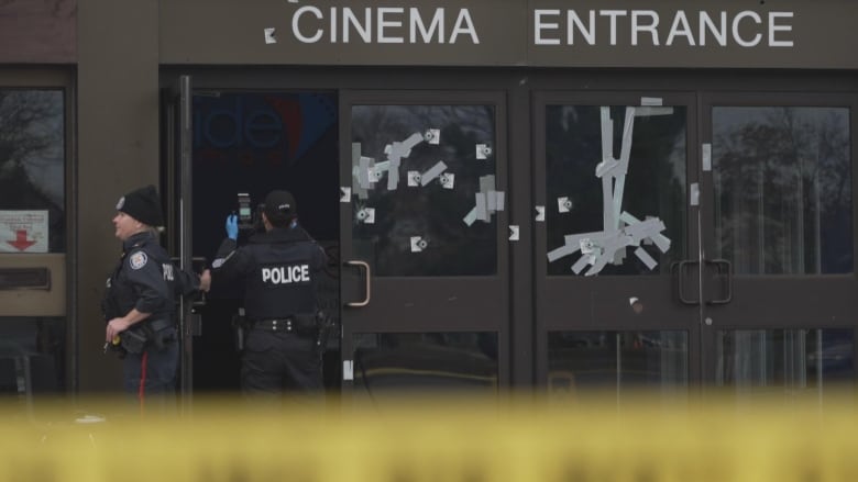 Glass entry doors at the theatre.