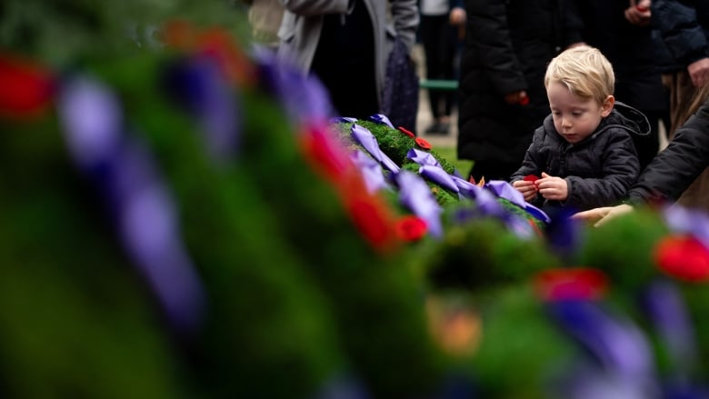 A boy places a poppy upon a wreath