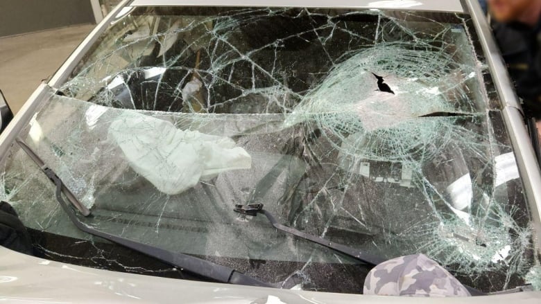 A car's smashed windshield.