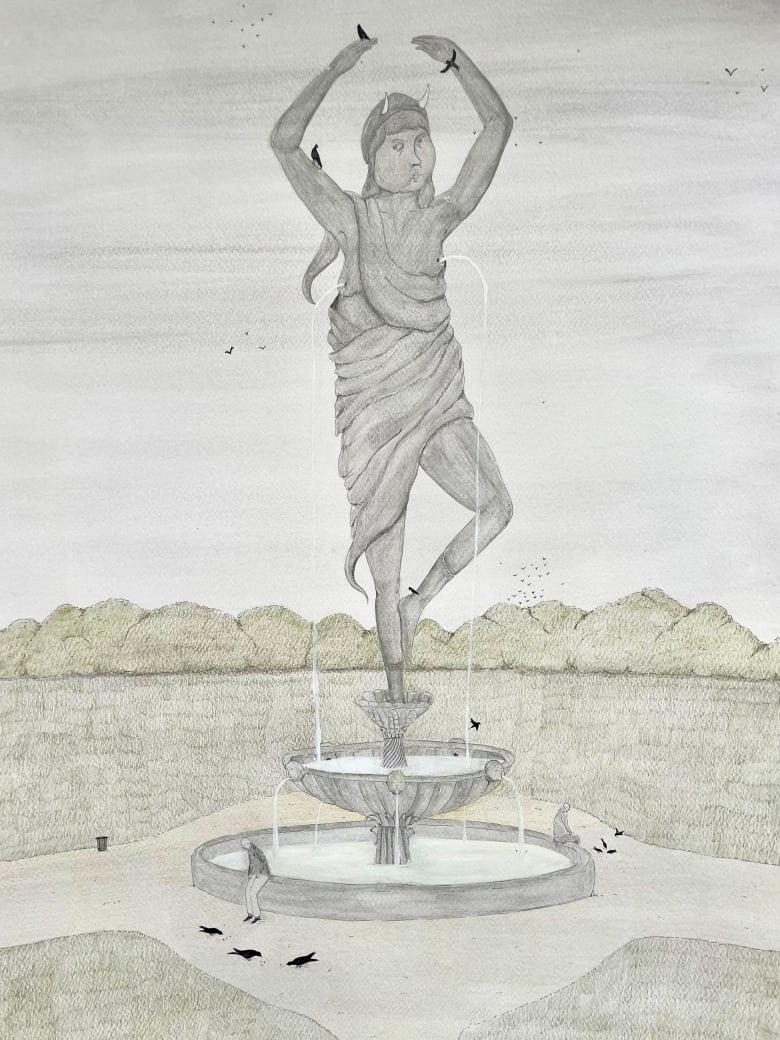 Ink and watercolour drawing of an enormous grey statue/fountain spewing water, like milk, from its nipples. Two tiny old men sit around the fountain. It is a grey park landscape. Many ominous black birds are in the scene.