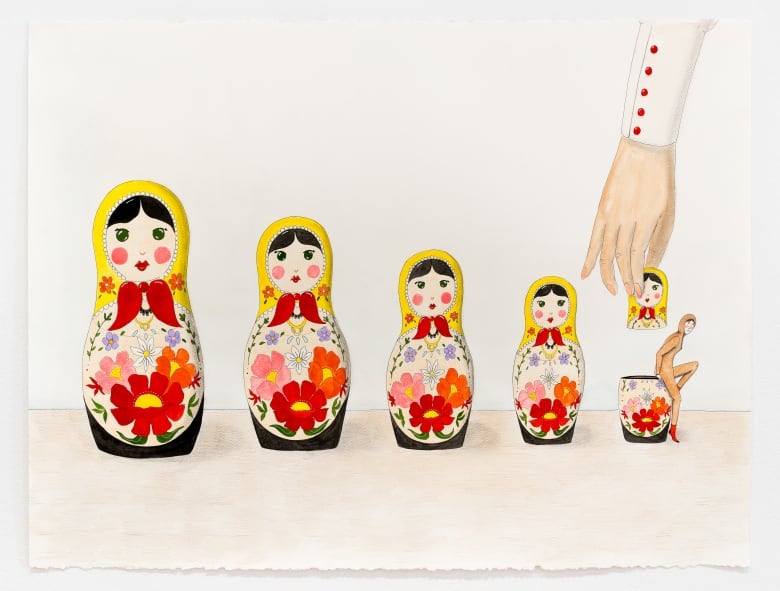 Colourful line drawing of a row of Russian nesting dolls. A disembodied hand removes the top of the smallest doll. A tiny female figure in a hooded unitard wearing pointy red boots, sits on the doll.