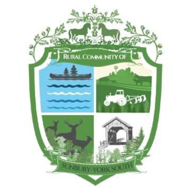 A coat of arms style crest in mainly green and white, featuring two horses on top and four quadrants of the crest. One with a river canoe and trees, one with a tractor in a field, one with deer and one with a covered bridge. The words Rural Community of are just below the horses. The words Sunbury-York South are at the bottom.