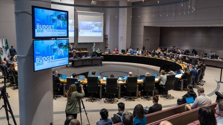 A city council chamber during a meeting. The council table is full and the screens say 'Budget 2025.'