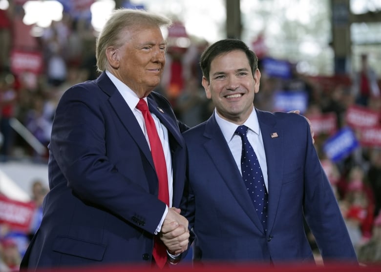 Donald Trump greets Sen. Marco Rubio during a campaign rally at Raleigh, N.C., on Nov. 4, 2024, the day before the U.S. presidential election. Trump was victorious at the polls and will return to the White House in January.