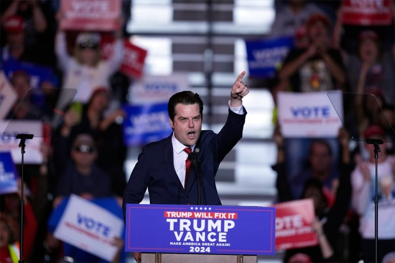 House Rep. Matt Gaetz speaks at a rally for then-Republican presidential candidate Donald Trump, which was held in Henderson, Nev., on Oct. 31, 2024.