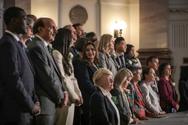 A group of MLAs pose for a picture in a Legislature.