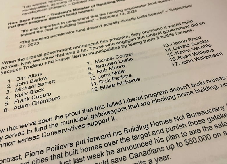 Conservative Leader Pierre Poilievre's office released the list of 17 Conservative MPs who wrote to the federal government on behalf of communities in their ridings calling for them to receive funding through the Housing Accelerator Fund, a program Conservative Leader Pierre Poilievre has promised to cut.