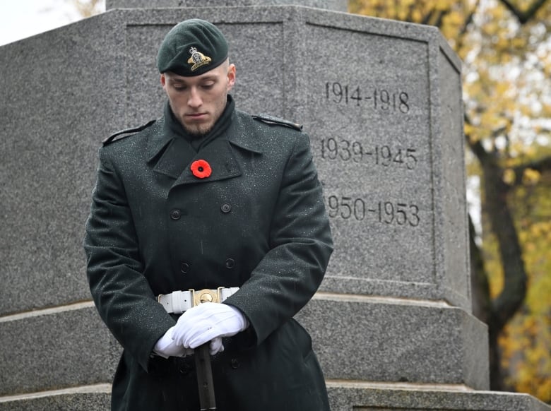 A Canadian Armed Forces soldier stands vigil stands at the cenotaph during a Remembrance Day ceremony in Quebec City Monday, November 11, 2024.