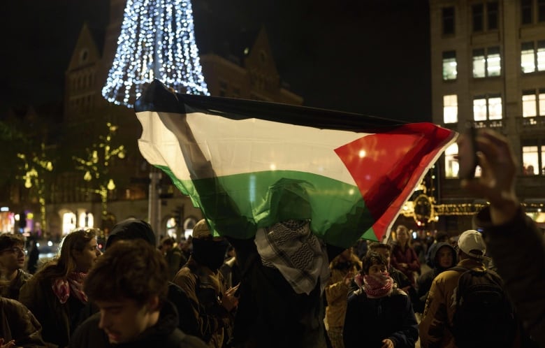 A person holds a Palestinian flag in a group of protesters.