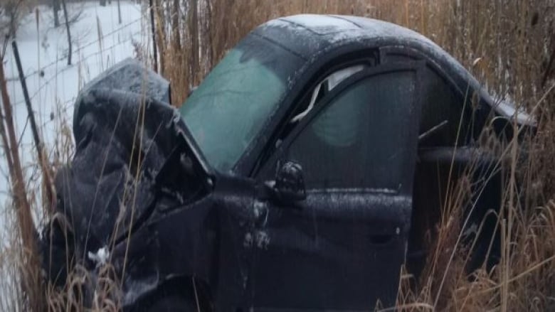 A black Volvo sedan sits in a ditch in a snowy field. The front end of the car is badly smashed in and the driver side door is open.