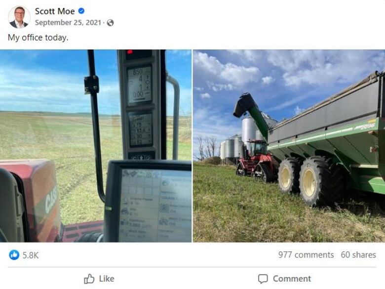 A tweet from Scott Moe of farming equipment with the caption 