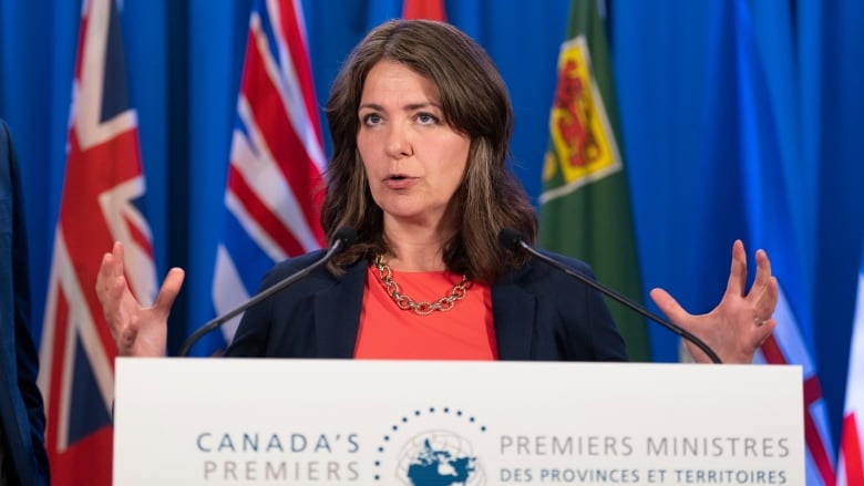 A woman with brown hair speaks into a microphone on a podium