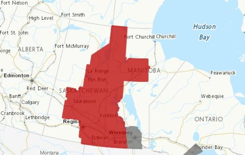 A map of Saskatchewan with a large portion on the east side highlighted in red.