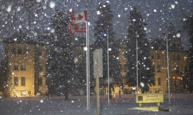 Snow falling in front of a large university building in the early morning dark