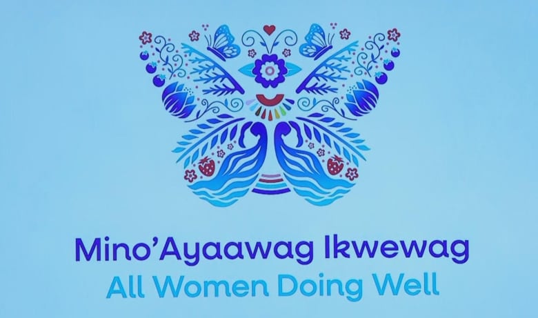 A sign that says 'Mino'Ayaawag Ikwewag - All Women Doing Well.'